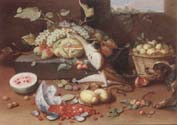 Still life of a watermelon,pears,grapes and melons,plums,apricots and pears in a basket,with a dog surprising a monkey and fraises-de-bois spilling ou